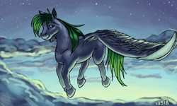 Size: 854x512 | Tagged: safe, artist:krazy katt111, oc, oc only, oc:dreamer skies, pegasus, pony, complex background, flying, looking at you, pony oc, scenery, smiling, smiling at you, stars