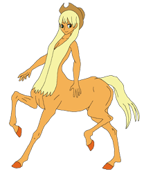 Size: 754x906 | Tagged: safe, artist:cdproductions66, artist:nypd, applejack, centaur, monster girl, anthro, g4, applejack's hat, base used, blonde, blonde hair, centaurified, centaurjack, cleavage, cowboy hat, female, freckles, godiva hair, green eyes, hat, hooves, human head, missing accessory, missing cutie mark, nudity, raised hooves, simple background, solo, strategically covered, transparent background, yellow hair