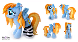 Size: 1600x858 | Tagged: safe, artist:meplushyou, oc, oc:moongaze, pegasus, pony, clothes, female, irl, mare, photo, plushie, socks, solo, striped socks