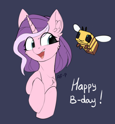Size: 2532x2724 | Tagged: safe, artist:airfly-pony, oc, oc only, oc:aria midnighters, bee, insect, pony, unicorn, birthday, birthday gift, female, high res, minecraft, minecraft bee, simple background, text