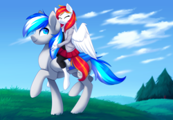 Size: 4242x2936 | Tagged: safe, artist:scarlet-spectrum, oc, oc:diamond sun, oc:hawker hurricane, pegasus, pony, anthro, unguligrade anthro, series:pet hawk, anthro with ponies, anthros riding ponies, clothes, cloud, commission, female, hawkmond, male, mare, meadow, riding, skirt, sky, stallion, tree
