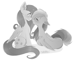 Size: 2421x1977 | Tagged: safe, artist:sakuro24, fluttershy, rainbow dash, pegasus, pony, g4, eyes closed, female, grayscale, lesbian, looking at each other, lying down, monochrome, ship:flutterdash, shipping, simple background, sitting, smiling, white background