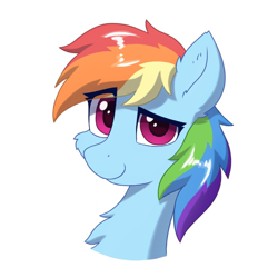 Size: 970x970 | Tagged: safe, artist:mercurysparkle, editor:dashiswaifu69, rainbow dash, pegasus, pony, g4, bedroom eyes, cheek fluff, chest fluff, ear fluff, female, looking at you, mare, simple background, smiling, solo, white background