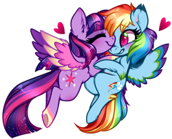 Size: 744x603 | Tagged: safe, artist:esmeia, rainbow dash, twilight sparkle, alicorn, pegasus, pony, g4, blushing, colored wings, ear fluff, eyes closed, female, gradient wings, heart, hoof heart, hug, lesbian, mare, multicolored wings, ship:twidash, shipping, simple background, smiling, sparkly mane, sparkly tail, spread wings, transparent background, twilight sparkle (alicorn), wings