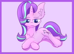 Size: 1500x1100 | Tagged: safe, artist:chocodamai, starlight glimmer, pony, unicorn, g4, :3, chest fluff, closed mouth, crossed hooves, cute, ear fluff, female, glimmerbetes, hoof fluff, looking at you, lying down, mare, on side, sitting, solo