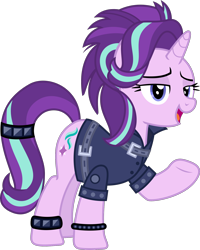 Size: 1466x1828 | Tagged: safe, artist:sketchmcreations, gameloft, starlight glimmer, pony, unicorn, g4, 80s, alternate hairstyle, clothes, edgelight glimmer, female, gameloft interpretation, jacket, leather jacket, lidded eyes, mare, open mouth, punk, raised hoof, simple background, solo, spiked wristband, studded bracelet, tail band, transparent background, vector, wristband