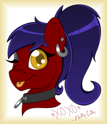 Size: 1208x1404 | Tagged: safe, artist:horsesrnaked, oc, oc only, oc:fluffycuffs, earth pony, pony, collar, fan mail, one eye closed, piercing, ponytail, signature, solo, tongue out, tongue piercing, wink, xoxo