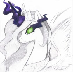 Size: 900x886 | Tagged: safe, artist:rinkulover4ever50592, princess celestia, alicorn, pony, g4, dark magic, glowing eyes, glowing horn, horn, jewelry, magic, peytral, simple background, solo, sombra eyes, tiara, traditional art, white background