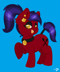 Size: 892x1072 | Tagged: safe, artist:horsesrnaked, oc, oc:fluffycuffs, earth pony, pony, bandaged tail, bedroom eyes, collar, cute, kinky, photo, piercing, ponytail, sexy, smiling, solo, tail, tail wrap