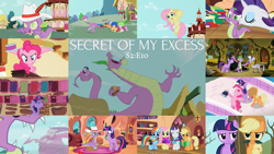 Size: 1958x1101 | Tagged: safe, edit, edited screencap, editor:quoterific, screencap, apple bloom, applejack, fluttershy, pinkie pie, rainbow dash, rarity, scootaloo, spike, sweetie belle, twilight sparkle, zecora, dragon, earth pony, pegasus, pony, unicorn, zebra, g4, secret of my excess, applejack's hat, bipedal, cowboy hat, cutie mark crusaders, eyes closed, female, filly, golden oaks library, hat, male, mane six, mare, nictitating membrane, nose in the air, open mouth, spikezilla, unicorn twilight, zecora's hut