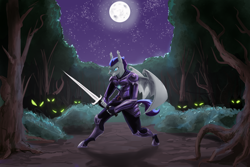 Size: 2976x1991 | Tagged: safe, artist:xander, oc, oc:dusk specter, bat pony, pony, timber wolf, anthro, angry, armor, bat pony oc, bat wings, cover art, everfree forest, moon, night, night guard, night guard armor, sword, weapon, wings