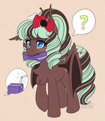 Size: 1241x1433 | Tagged: safe, artist:puetsua, oc, oc only, oc:shamrock biscuit, bat pony, pony, bow, chest fluff, colored pupils, confused, cute, ear tufts, female, floppy ears, freckles, hair bow, juice, juice box, mare, mouth hold, nom, ocbetes, offscreen character, pictogram, question mark, simple background, solo, speech bubble, spread wings, straw, tan background, wings
