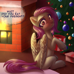 Size: 900x900 | Tagged: safe, artist:nika-rain, artist:sadelinav, oc, oc only, oc:fritzy, pegasus, pony, christmas, christmas tree, dock, fire, fireplace, full mouth, holiday, not flutterbat, not fluttershy, offscreen character, ornament, present, solo, tree, yule log