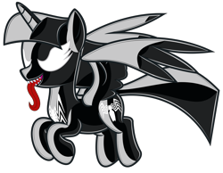 Size: 9000x7000 | Tagged: safe, artist:severity-gray, twilight sparkle, alicorn, pony, g4, crossover, female, flying, latex, latex suit, male, mare, marvel, open mouth, sharp teeth, she-venom, simple background, solo, spider-man, symbiote, teeth, tongue out, transparent background, twilight sparkle (alicorn), venom, venom twilight, wings