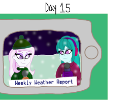 Size: 1280x1103 | Tagged: safe, artist:horroraceman93, cold forecast, fleur-de-lis, equestria girls, g4, cellphone, clothes, coat, duo, earmuffs, female, fleurcast, gloves, hat, lesbian, microphone, news report, phone, shipping, snow, weather