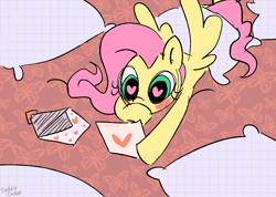 Size: 1958x1398 | Tagged: safe, artist:saltycube, derpibooru exclusive, fluttershy, pegasus, pony, g4, blushing, covering mouth, heart, heart eyes, love letter, pillow, reading, solo, wingding eyes, wings