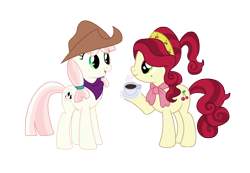 Size: 3463x2390 | Tagged: safe, artist:third uncle, cherry jubilee, penny ante, earth pony, pony, g4, bandana, coffee, coffee mug, cowboy hat, duo, duo female, female, hat, high res, mare, mug, neckerchief, pigtails, simple background, transparent background