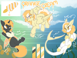 Size: 3882x2957 | Tagged: safe, artist:beardie, oc, oc only, oc:orange cream, changeling, original species, pegasus, pony, shark, shark pony, commission, high res, reference sheet, yellow changeling