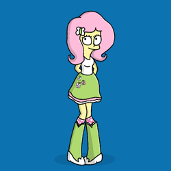 Size: 768x768 | Tagged: safe, artist:haileykitty69, fluttershy, equestria girls, g4, blessed image, blue background, blursed image, clothes, crossover, cursed image, female, male, simple background, skirt, solo, the simpsons, yellow skin