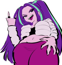 Size: 1142x1187 | Tagged: safe, artist:rileyav, aria blaze, equestria girls, g4, belly button, clothes, devil horn (gesture), from below, jacket, midriff, pants, solo, tongue out