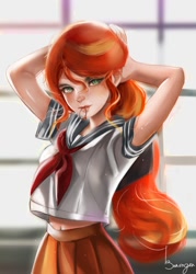 Size: 858x1200 | Tagged: safe, artist:bunsogen, edit, sunset shimmer, human, g4, arm behind head, belly button, clothes, humanized, mouth hold, school uniform, trace, uniform