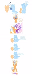 Size: 1280x2951 | Tagged: safe, artist:vio-mlp-creator, princess flurry heart, trixie, oc, oc:dazzling lights, alicorn, pony, unicorn, g4, comic, female, filly, grin, hat, magical threesome spawn, mare, multiple parents, offspring, older, older flurry heart, parent:starlight glimmer, parent:sunburst, parent:trixie, parents:startrixburst, simple background, smiling, top hat, white background