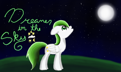 Size: 854x512 | Tagged: safe, artist:koolaid, oc, oc only, oc:dreamer skies, pegasus, pony, complex background, looking up, male, moon, pegasus oc, solo, stallion, standing, text, wings