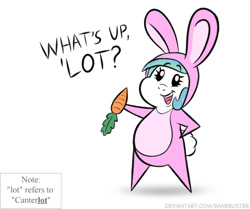 Size: 468x392 | Tagged: safe, artist:banebuster, princess celestia, pony, series:tiny tia, g4, animal, animal costume, bipedal, bugs bunny, bunny costume, bunnylestia, carrot, chibi, clothes, costume, cute, cutelestia, food, herbivore, looking at you, male, note, pointy ponies, simple background, solo, standing, tiny, tiny ponies
