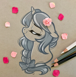 Size: 2774x2811 | Tagged: safe, artist:emberslament, oc, oc only, oc:rosa flame, pony, unicorn, alternate hairstyle, blushing, bow, braid, colored pencil drawing, colored pencils, cute, eyes closed, flower, flower in hair, flower petals, hair bow, high res, petals, rose, smiling, solo, traditional art