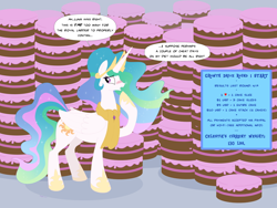 Size: 2100x1578 | Tagged: safe, artist:necrofeline, princess celestia, alicorn, pony, series:celestia's winter gains growth drive, g4, blushing, cake, cakelestia, clothes, dialogue, embarrassed, fattening, food, gray background, incentive drive, note expansion, raised hoof, scarf, simple background, solo, this will end in weight gain, weight gain sequence