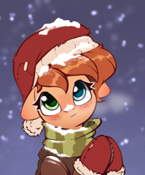 Size: 898x1087 | Tagged: safe, artist:rexyseven, oc, oc only, oc:rusty gears, pony, blushing, christmas, clothes, female, floppy ears, freckles, hat, heterochromia, holiday, jacket, mare, mittens, santa hat, scarf, snow, winter
