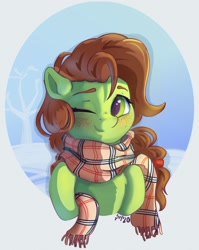 Size: 1962x2463 | Tagged: safe, artist:drafthoof, oc, oc only, oc:oil drop, pony, bust, clothes, portrait, scarf, solo, winter