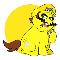 Size: 800x800 | Tagged: safe, artist:perfectpinkwater, pony, unicorn, abstract background, cap, crossover, cutie mark, eating, food, garlic, hat, looking up, male, nintendo, ponified, super mario bros., super smash bros., wario, wario's hat