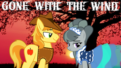 Size: 2064x1161 | Tagged: safe, anonymous artist, braeburn, marble pie, g4, braeble, clothes, cowboy, cowboy hat, cowboy vest, dress, female, gone with the wind, hat, male, movie reference, romantic, shipping, southern belle, straight, sunset, tree, youtube link