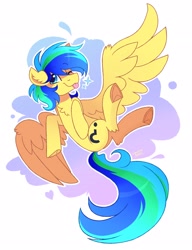 Size: 2000x2600 | Tagged: safe, artist:liquorice_sweet, oc, oc only, oc:sky, pegasus, pony, chest fluff, flying, freckles, high res, male, one eye closed, solo, spread wings, stallion, tongue out, underhoof, wings, wink