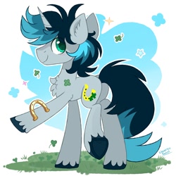 Size: 2000x2000 | Tagged: safe, artist:liquorice_sweet, oc, oc only, pony, unicorn, abstract background, butt, clover, ear fluff, grass, high res, horseshoes, looking at you, male, plot, raised hoof, raised leg, shamrock, side view, solo, stallion, underhoof, unshorn fetlocks