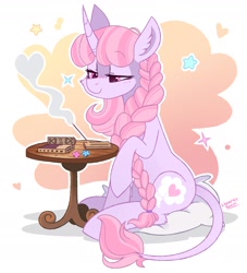 Size: 2000x2200 | Tagged: safe, artist:liquorice_sweet, oc, oc only, pony, unicorn, abstract background, curved horn, cushion, female, freckles, heart, high res, horn, lidded eyes, mare, pillow, raised hoof, sitting, smiling, smoke, solo, table, tail