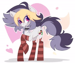Size: 2400x2000 | Tagged: safe, artist:fodsley, artist:liquorice_sweet, oc, oc only, oc:liquorice sweet, earth pony, pony, abstract background, choker, clothes, collaboration, ear fluff, eye clipping through hair, female, freckles, heart, looking at you, mare, raised hoof, socks, solo, striped socks