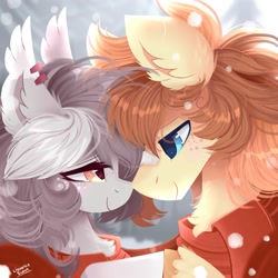 Size: 2000x2000 | Tagged: safe, artist:liquorice_sweet, oc, oc only, bat pony, pony, chest fluff, clothes, ear piercing, earring, female, freckles, high res, holding hooves, jewelry, looking at each other, male, oc x oc, piercing, scarf, shared clothing, shared scarf, shipping, smiling, snow, straight, winter