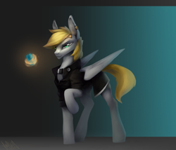 Size: 3456x2954 | Tagged: safe, oc, oc only, oc:cutting chipset, pegasus, pony, augmented, clothes, collar, cybernetic eyes, cyberpunk, gradient background, high res, male, simple background, soda can, solo, stallion, trenchcoat