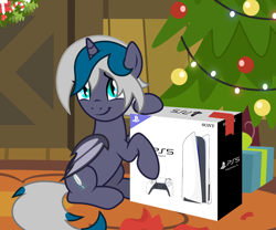 Size: 2500x2083 | Tagged: safe, artist:oyks, oc, oc only, oc:elizabat stormfeather, alicorn, bat pony, bat pony alicorn, pony, alicorn oc, bat pony oc, bat wings, box, christmas, christmas lights, christmas tree, christmas wreath, commission, console, controller, cute, female, high res, holiday, horn, mare, ocbetes, playstation 5, present, raised hoof, sitting, solo, tree, wings, wreath, ych result