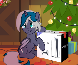 Size: 2500x2083 | Tagged: safe, alternate version, artist:oyks, oc, oc only, oc:elizabat stormfeather, alicorn, bat pony, bat pony alicorn, pony, alicorn oc, bat pony oc, bat wings, box, christmas, christmas lights, christmas tree, christmas wreath, commission, console, controller, cute, female, high res, holiday, horn, mare, ocbetes, playstation 5, present, raised hoof, sitting, solo, tree, wings, wreath, ych result