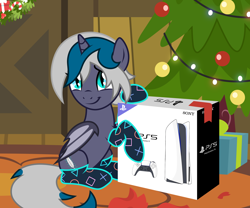 Size: 2500x2083 | Tagged: safe, alternate version, artist:oyks, oc, oc only, oc:elizabat stormfeather, alicorn, bat pony, bat pony alicorn, pony, alicorn oc, bat pony oc, bat wings, box, christmas, christmas lights, christmas tree, christmas wreath, clothes, commission, console, controller, cute, female, high res, holiday, horn, mare, ocbetes, playstation 5, present, raised hoof, sitting, socks, solo, tree, wings, wreath, ych result