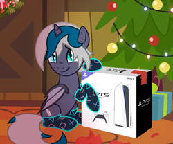 Size: 2500x2083 | Tagged: safe, alternate version, artist:oyks, oc, oc only, oc:elizabat stormfeather, alicorn, bat pony, bat pony alicorn, pony, alicorn oc, bat pony oc, bat wings, box, christmas, christmas lights, christmas tree, christmas wreath, clothes, commission, console, controller, cute, female, high res, holiday, horn, mare, ocbetes, playstation 5, present, raised hoof, sitting, socks, solo, tree, wings, wreath, ych result