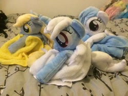 Size: 600x450 | Tagged: safe, artist:siamchuchusplushies, bloo, cotton cloudy, derpy hooves, pegasus, pony, unicorn, g4, beanie, beanie (plushie), bed, bedroom, female, filly, hat, irl, mare, photo, plushie