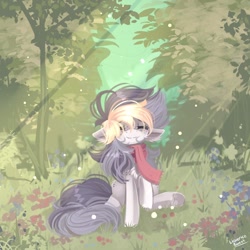 Size: 1000x1000 | Tagged: safe, artist:liquorice_sweet, oc, oc only, oc:liquorice sweet, earth pony, pony, chest fluff, clothes, crepuscular rays, eyes closed, female, flower, forest, grass, mare, meadow, scarf, sitting, smiling, solo, tree, underhoof