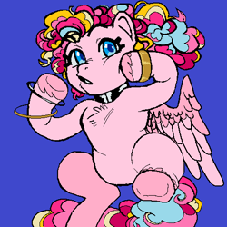 Size: 488x488 | Tagged: safe, artist:coolioodoolioo, pinkie pie, pegasus, pony, g4, belly, bipedal, blue background, bracelet, choker, colorful, digital art, female, jewelry, mare, ms paint, pegasus pinkie pie, race swap, simple background, wings