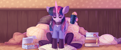 Size: 4778x2000 | Tagged: safe, artist:neonishe, twilight sparkle, alicorn, pony, g4, book, clothes, collar, cookie, female, food, glowing horn, high res, horn, levitation, magic, mare, pet tag, pillow, reading, shirt, sitting, solo, stockings, t-shirt, telekinesis, thigh highs, twilight sparkle (alicorn)