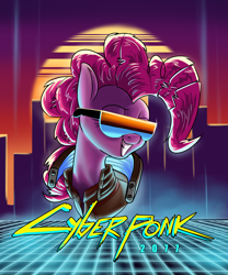 Size: 2000x2400 | Tagged: safe, artist:rocket-lawnchair, pinkie pie, earth pony, pony, g4, bust, clothes, cyberponk, cyberpunk, cyberpunk 2077, female, grin, high res, mare, outrun, ponk, portrait, retrowave, smiling, solo, sunglasses