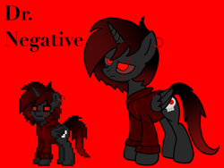 Size: 1024x768 | Tagged: safe, artist:ice_king1011, oc, oc:dr negative, alicorn, pony, bold text, clothes, ear piercing, earring, edgy, hoodie, jewelry, needs more saturation, ow the edge, piercing, red and black oc, red background, red eyes, simple background